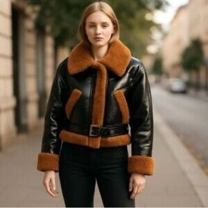 Blank NYC Faux Leather Shearling Trim Black brown Moto Women’s Jacket Size S NWT